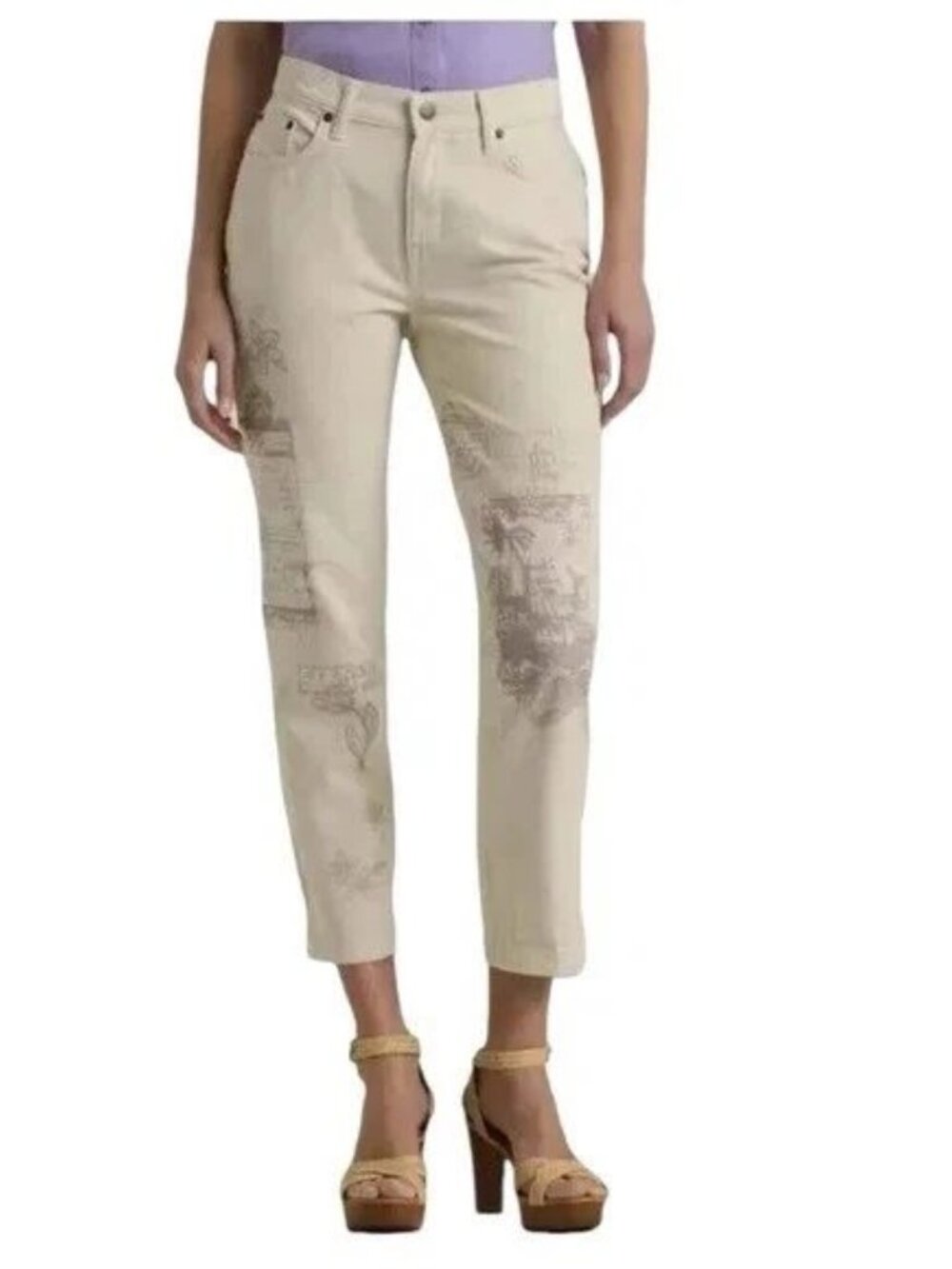 NWOT Ralph Lauren Relaxed Tapered Ankle Jeans 100% Cotton Printed Legs Cream 22W